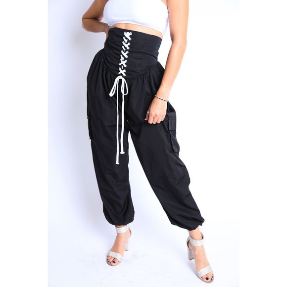 Boutique Pants - Women's Casual High Waist Cargo Pocket Drawstring Snatch Me Jogger Pants Comfy